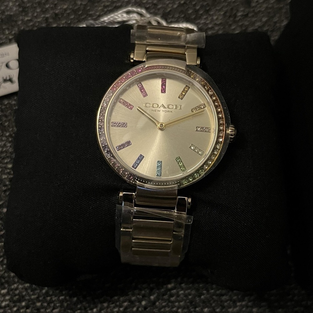 Coach Watch Womens 36mm Champagne Rainbow Crystal Gold Bracelet Quartz New Box